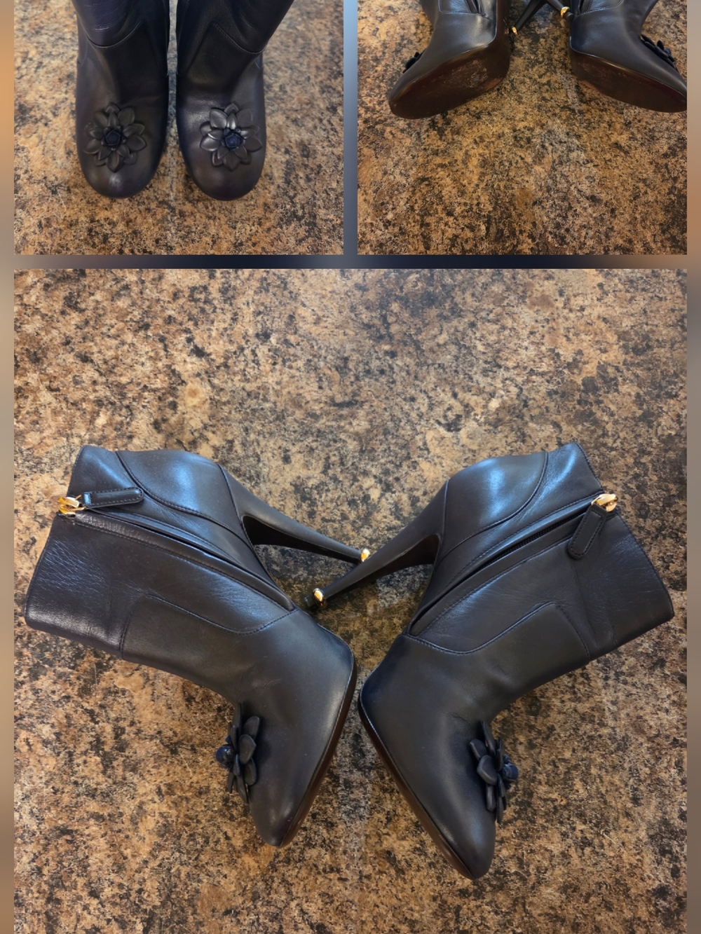 CHANEL Blue Leather Ankle Booties with Floral Appliqué and Gold Zipper Accents